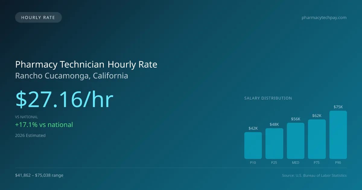 Pharmacy Technician Hourly Rate in Rancho Cucamonga, CA — 2026 est., based on 2025 BLS
