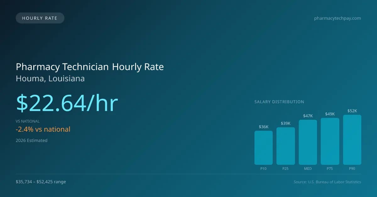Pharmacy Technician Hourly Rate in Houma, LA — 2026 est., based on 2025 BLS