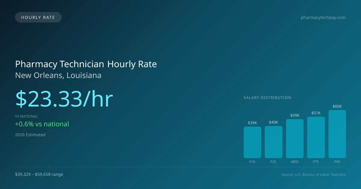 Pharmacy Technician Hourly Rate in New Orleans, LA — 2026 est., based on 2025 BLS