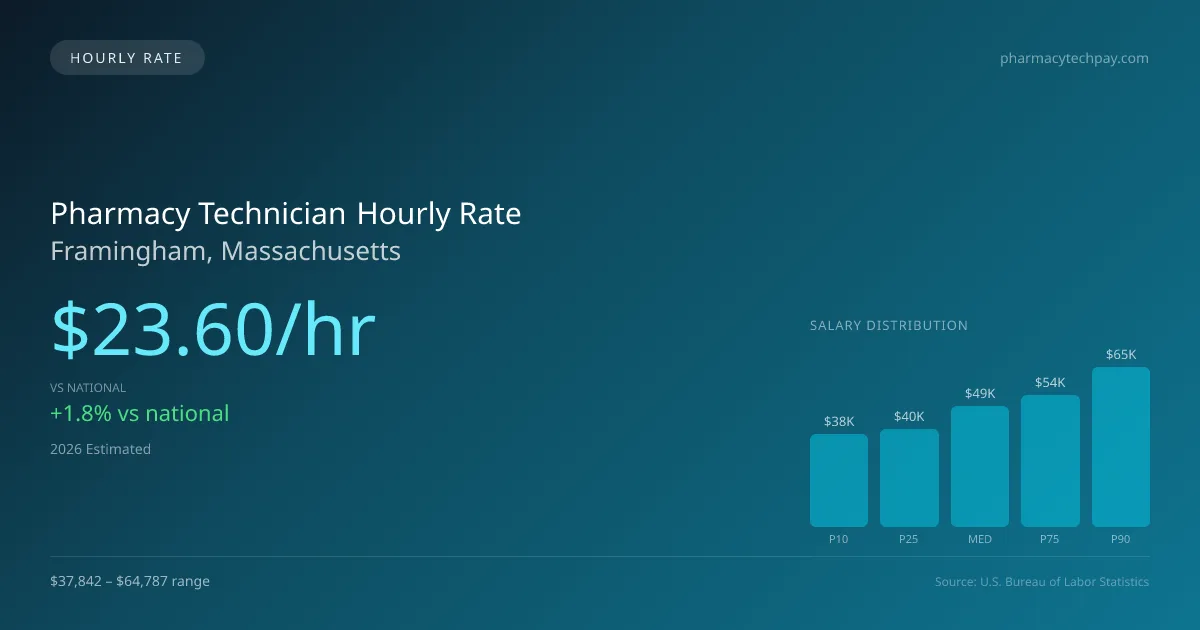 Pharmacy Technician Hourly Rate in Framingham, MA — 2026 est., based on 2025 BLS